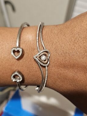 Sterling Silver Heart Bracelet Stack with Crystal Diamonds Heart Ring W/ Diam SS
